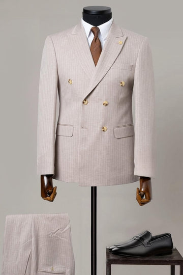 Popular Pale Pink Pinstripe Double Breasted Suit with Gold Buttons