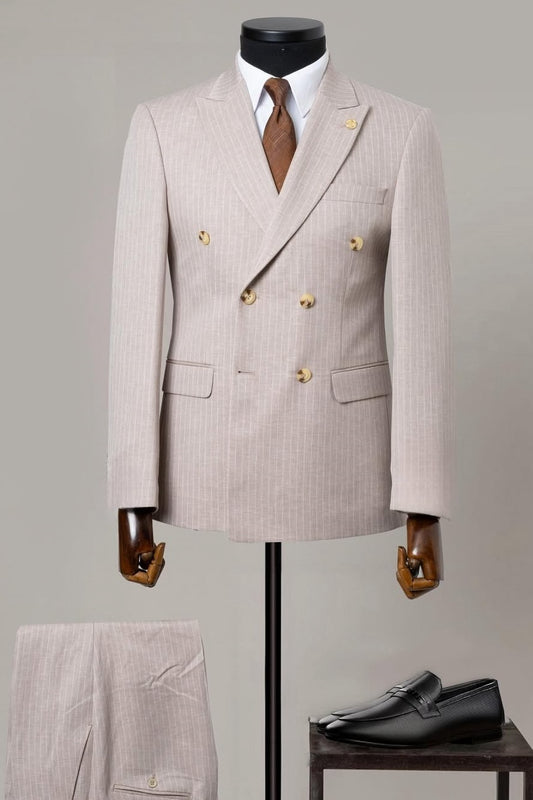 Popular Pale Pink Pinstripe Double Breasted Suit with Gold Buttons