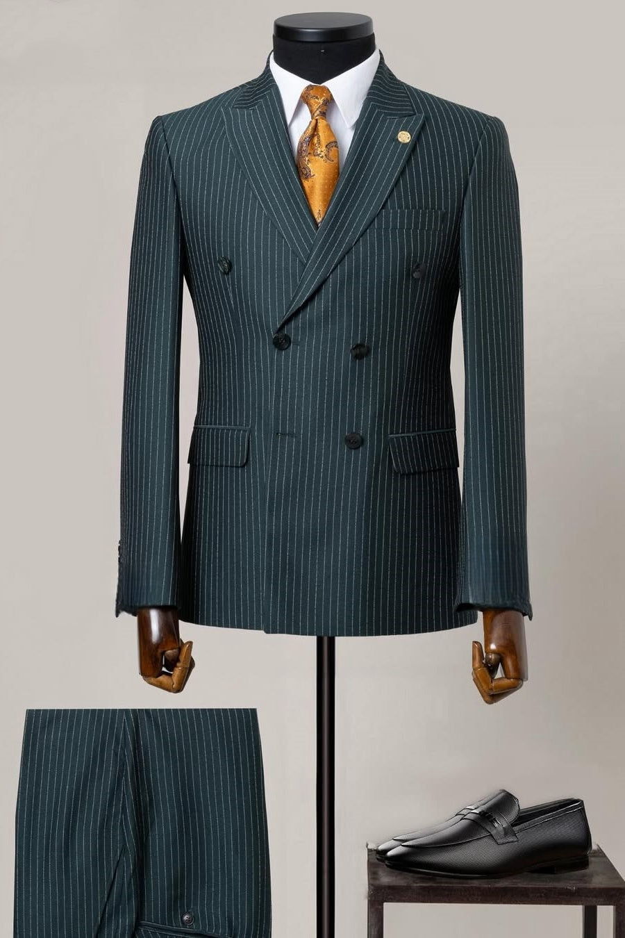 Dark Green Pinstripe Double Breasted Suit with Peak Lapel