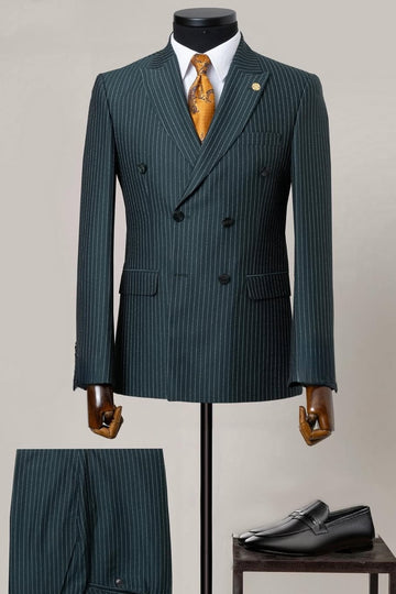 Dark Green Pinstripe Double Breasted Suit with Peak Lapel
