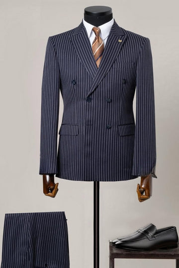 Navy Blue Pinstripe Double Breasted Suit for Business