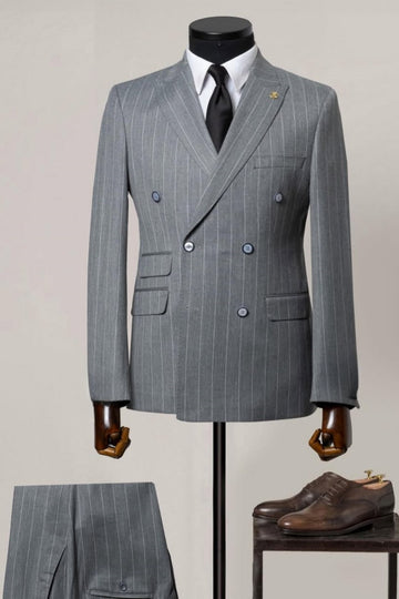 Bespoke Pinstripe Double Breasted Gray Men's Business Suit