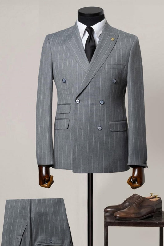 Bespoke Pinstripe Double Breasted Gray Men's Business Suit