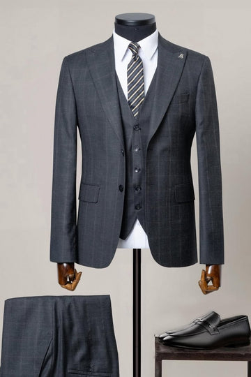 Modern Dark Gray Plaid 3 Piece Business Suit for Formal