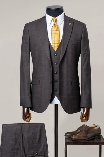 Formal Dark Brown Plaid Three Pieces Business Men Suit