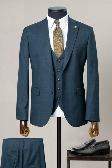Chic Teal Plaid 3 Piece Business Men Suits