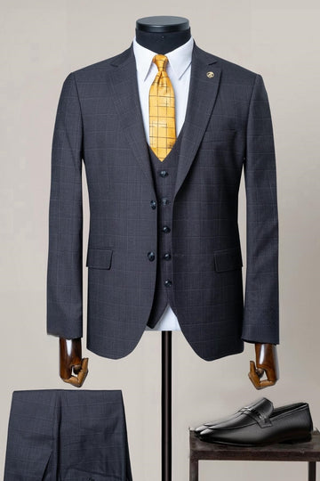 Dark Gray Plaid 3 Piece Slim Fit Business Men Suits