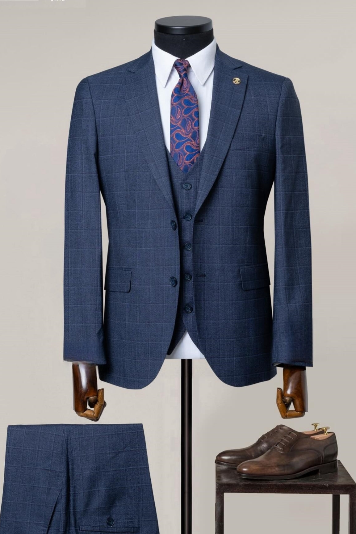 Dark Navy Plaid 3 Piece Slim Fit Formal Business Men Suits