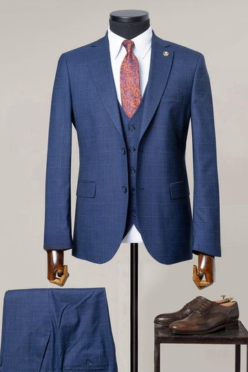 Classic Navy Blue Notched Lapel Plaid Men Suits for Business