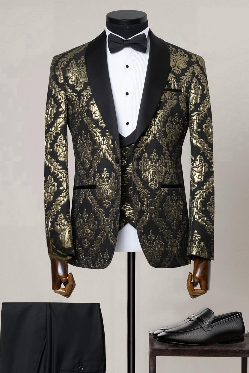 Bling Black Three Pieces Shawl Lapel Wedding Suits with Gold Jacquard