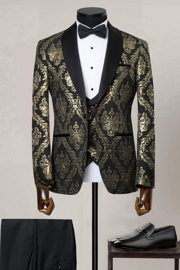 Bling Black Three Pieces Shawl Lapel Wedding Suits with Gold Jacquard