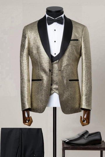 Sparkly Gold Three Pieces Shawl Lapel Wedding Groom Suits
