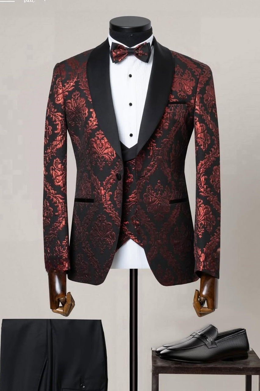 Cool Black Three Pieces Shawl Lapel Wedding Suits with Red Jacquard
