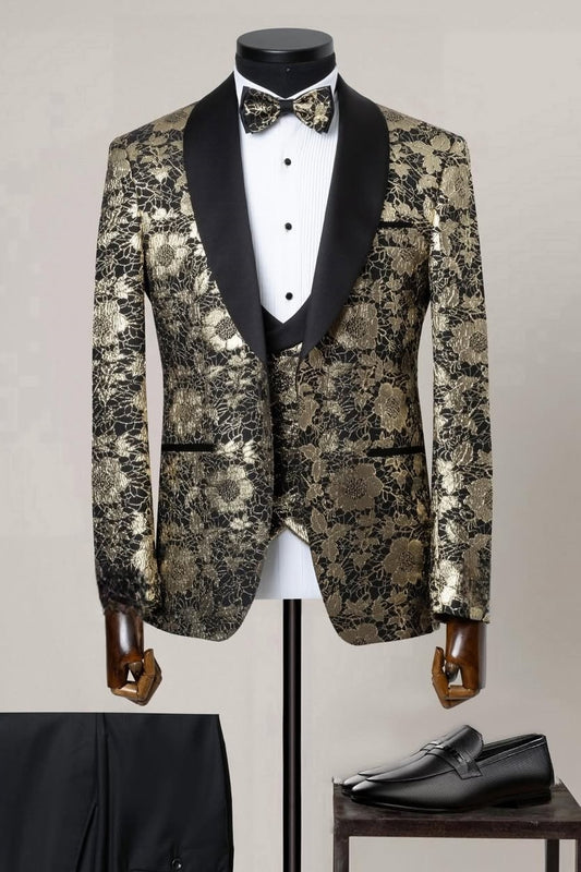 Gold and Black Jacquard Three Pieces Best Fitted Wedding Suits