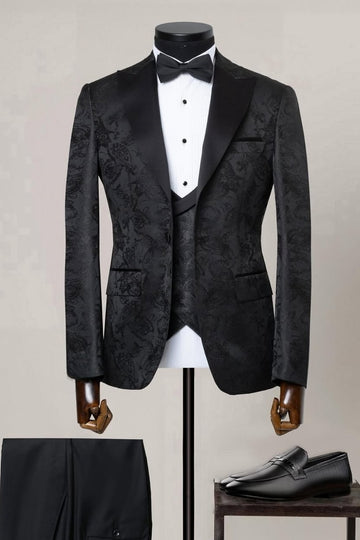Stylish Black Peaked Lapel Jacquard 3 Pieces Wedding Groom Suits