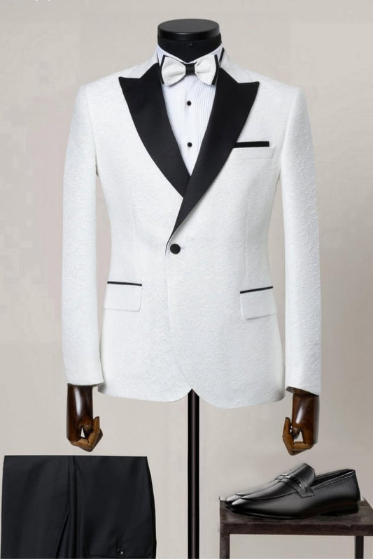 White Jacquard Peaked Lapel Slim Fit Wedding Suits
