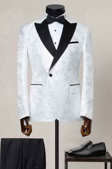 Pure White Jacquard One Button Slim Fit Wedding Suit