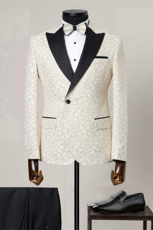 Off White Jacquard One Button Peaked Lapel Wedding Suit