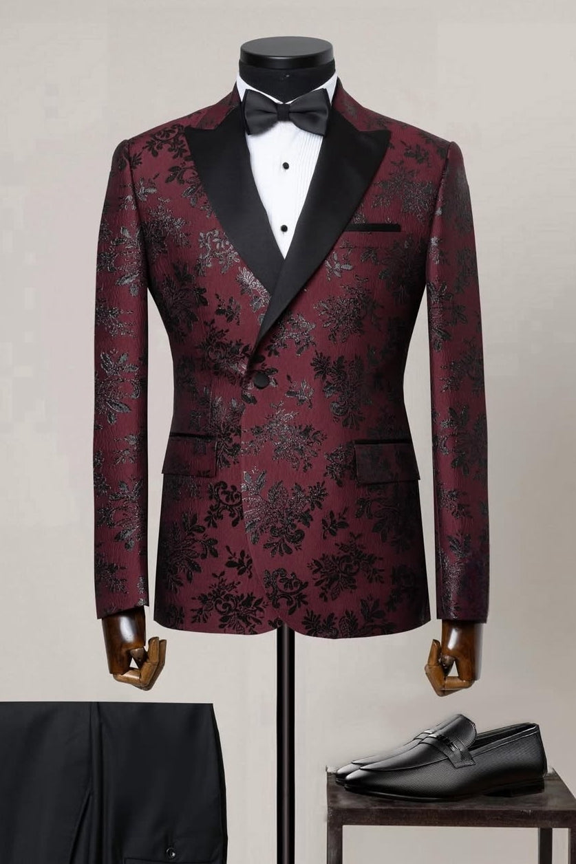 Burgundy Peaked Lapel Two Piece Jacquard Prom Suits