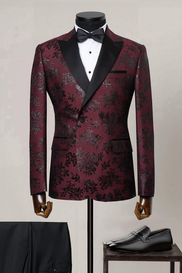 Burgundy Peaked Lapel Two Piece Jacquard Prom Suits