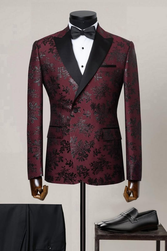 Burgundy Peaked Lapel Two Piece Jacquard Prom Suits