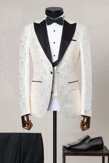 Fashion Ivory Peaked Lapel Jacquard Prom Suits with Vest