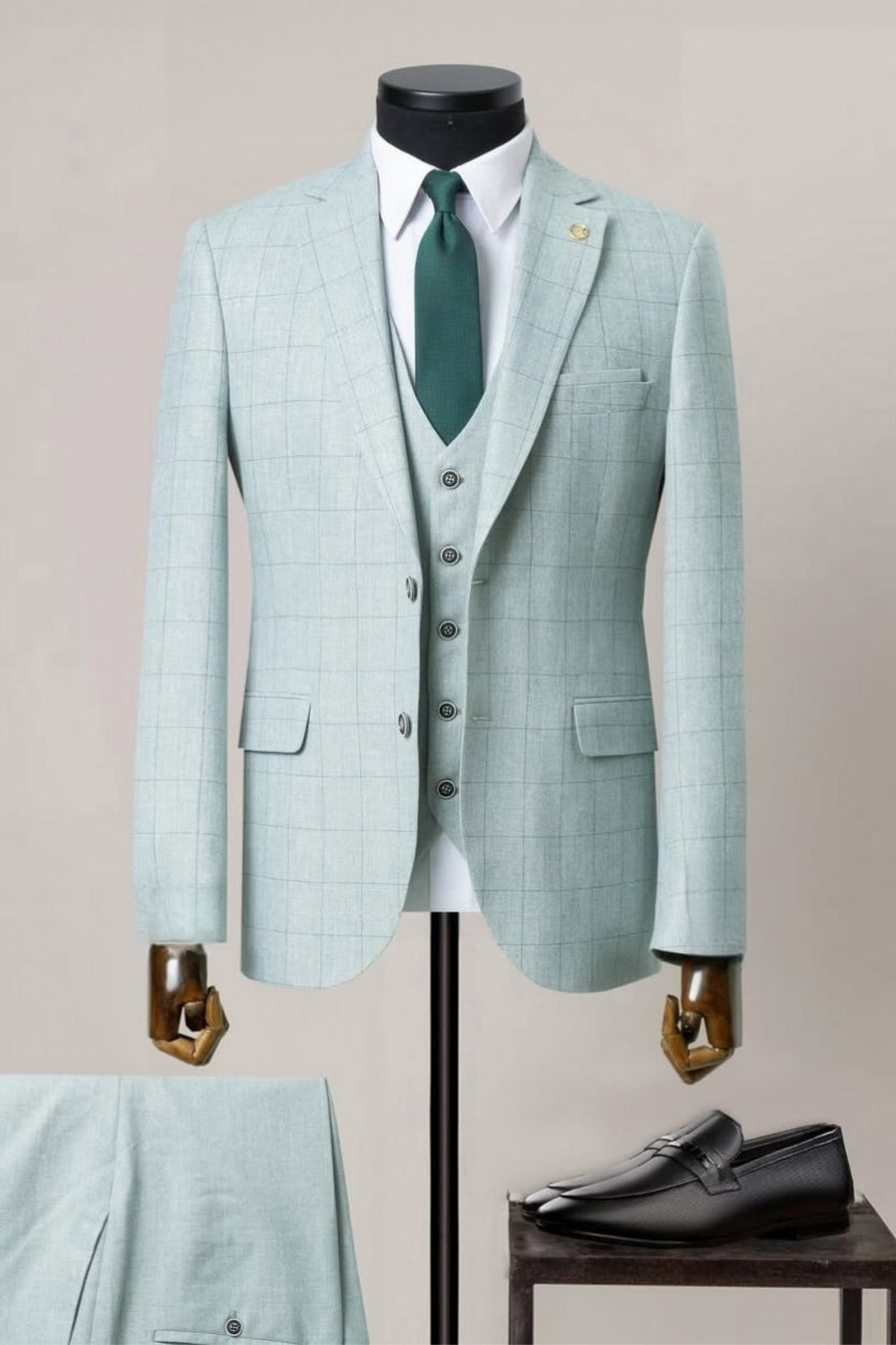 Mint Green Three Pieces Plaid Notched Lapel Men Suit