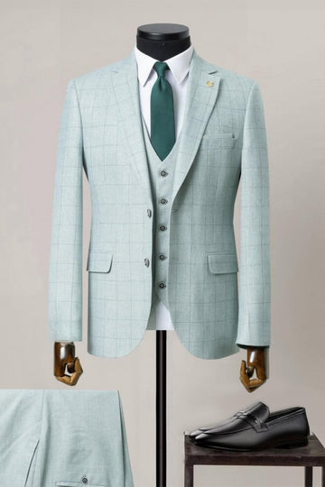 Mint Green Three Pieces Plaid Notched Lapel Men Suit