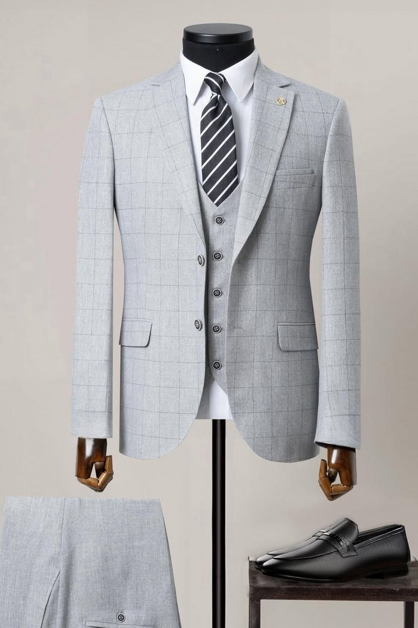 Gray Three Pieces Plaid Notched Lapel Men Suits for Business