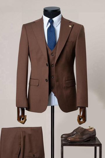 Solid Brown Three Pieces Notched Lapel Business Suits