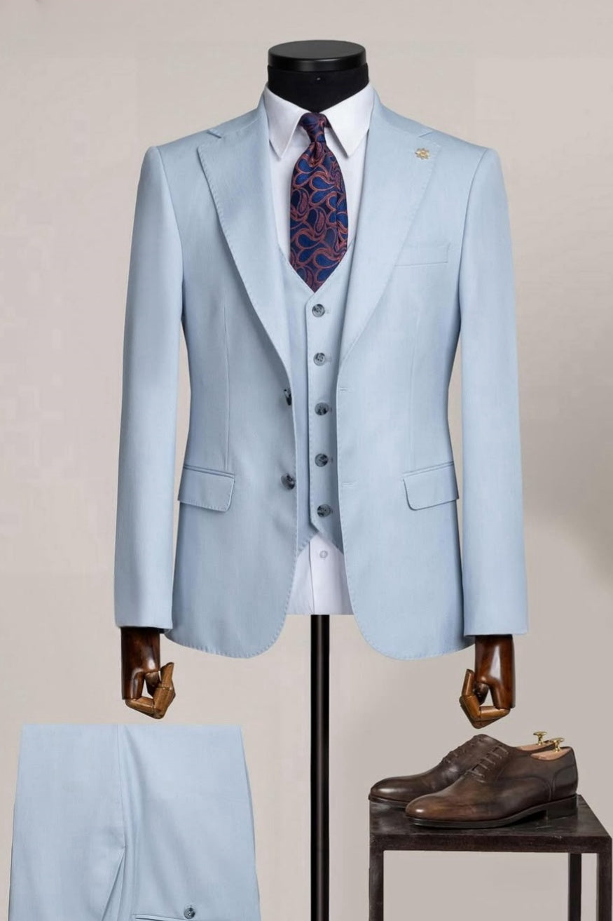 Sky Blue Three Piece Notched Lapel Slim Fit Men Suit