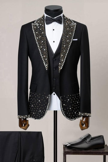 Glamorous Black Three Pieces Peaked Lapel Prom Men Suits with Beads