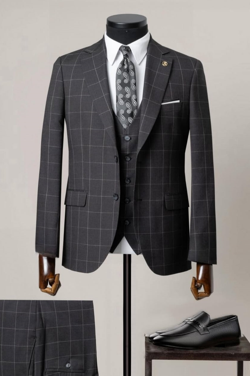 Formal Black Plaid Three Pieces Business Suits for Men