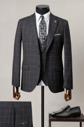 Formal Black Plaid Three Pieces Business Suits for Men