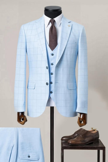 Sky Blue Plaid 3 Pieces Business Men Suit