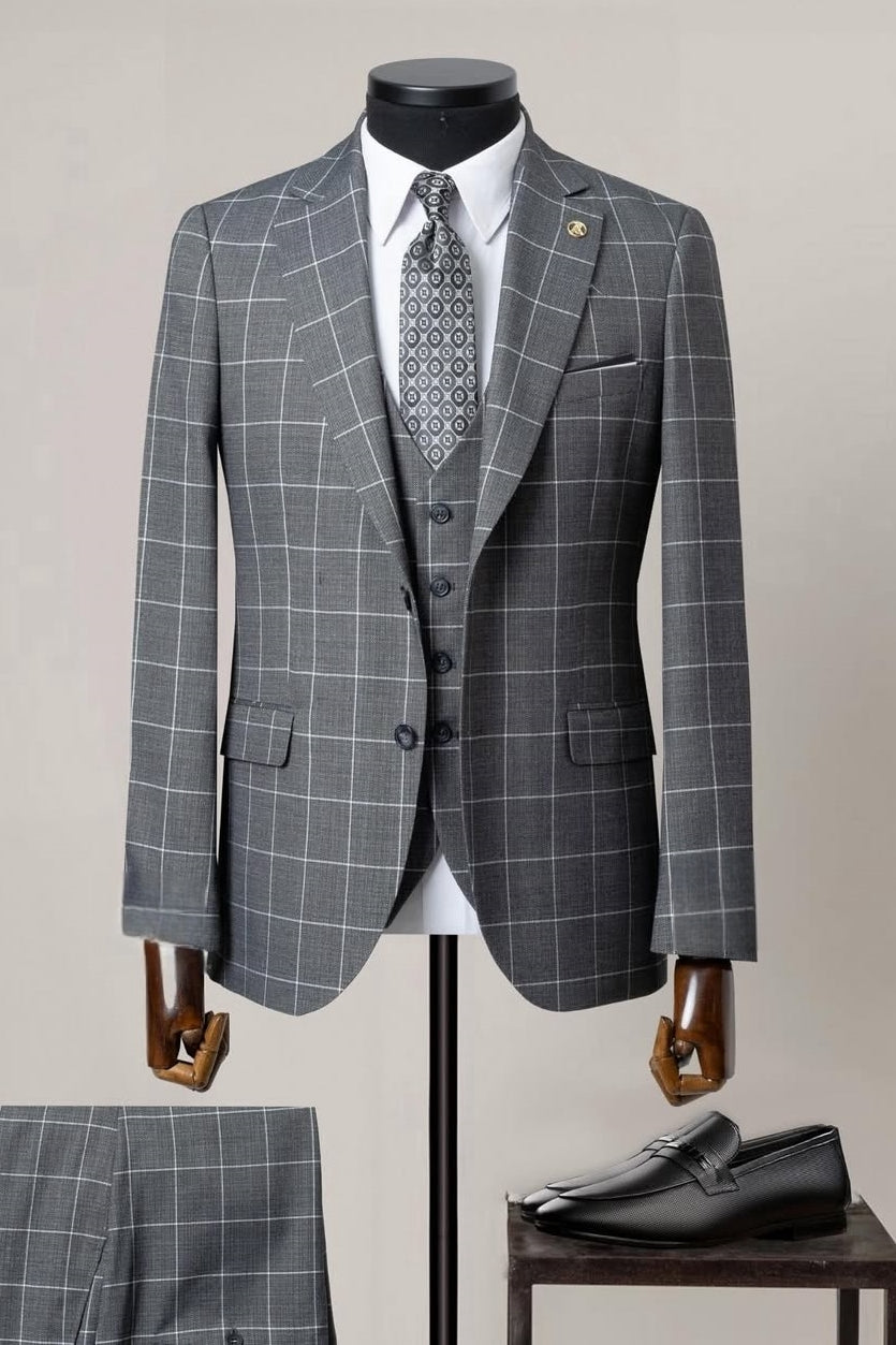 Gray Plaid 3 Pieces Formal Business Men Suits