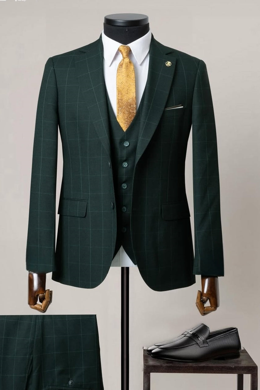 Dark Green Plaid 3 Pieces Slim Fit Business Men Suits