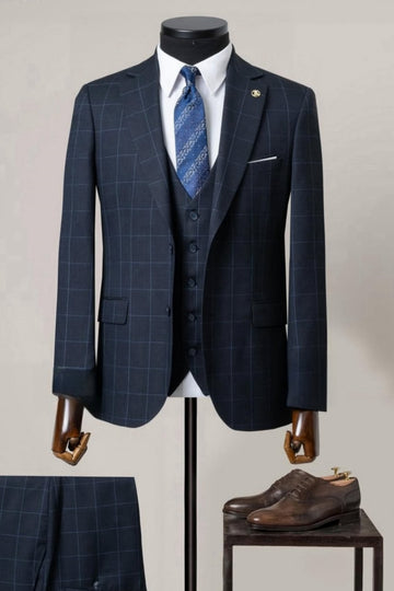 Dark Navy Plaid 3 Pieces Notched Lapel Business Men Suits