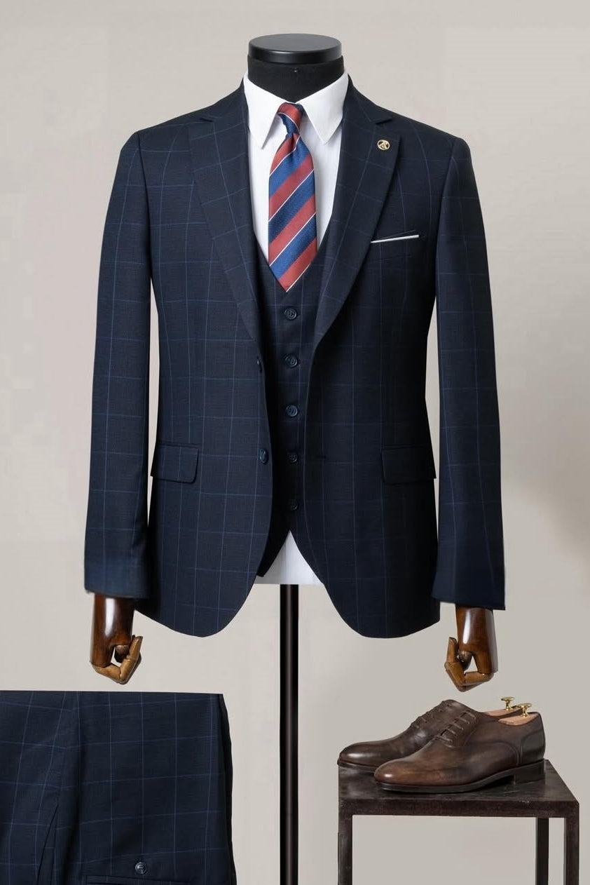 Fashion Dark Blue Plaid 3 Pieces Business Men Suits