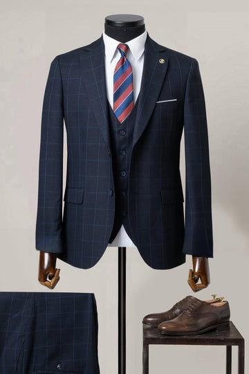 Fashion Dark Blue Plaid 3 Pieces Business Men Suits