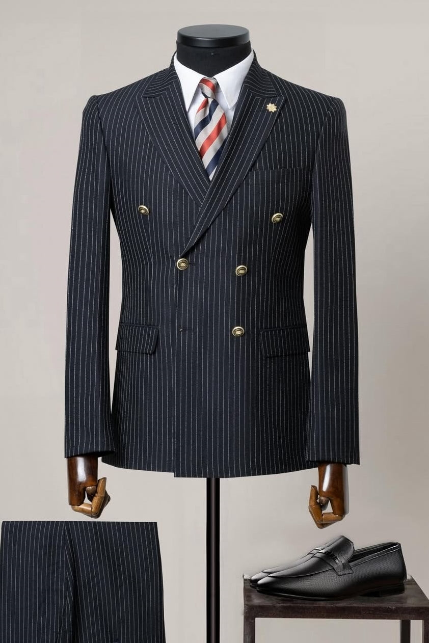 Formal Black Double Breasted Striped Men Suits