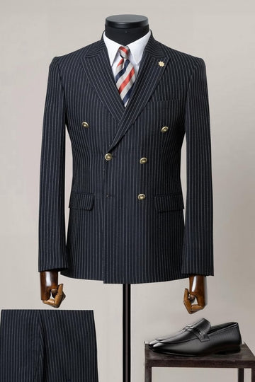 Formal Black Double Breasted Striped Men Suits