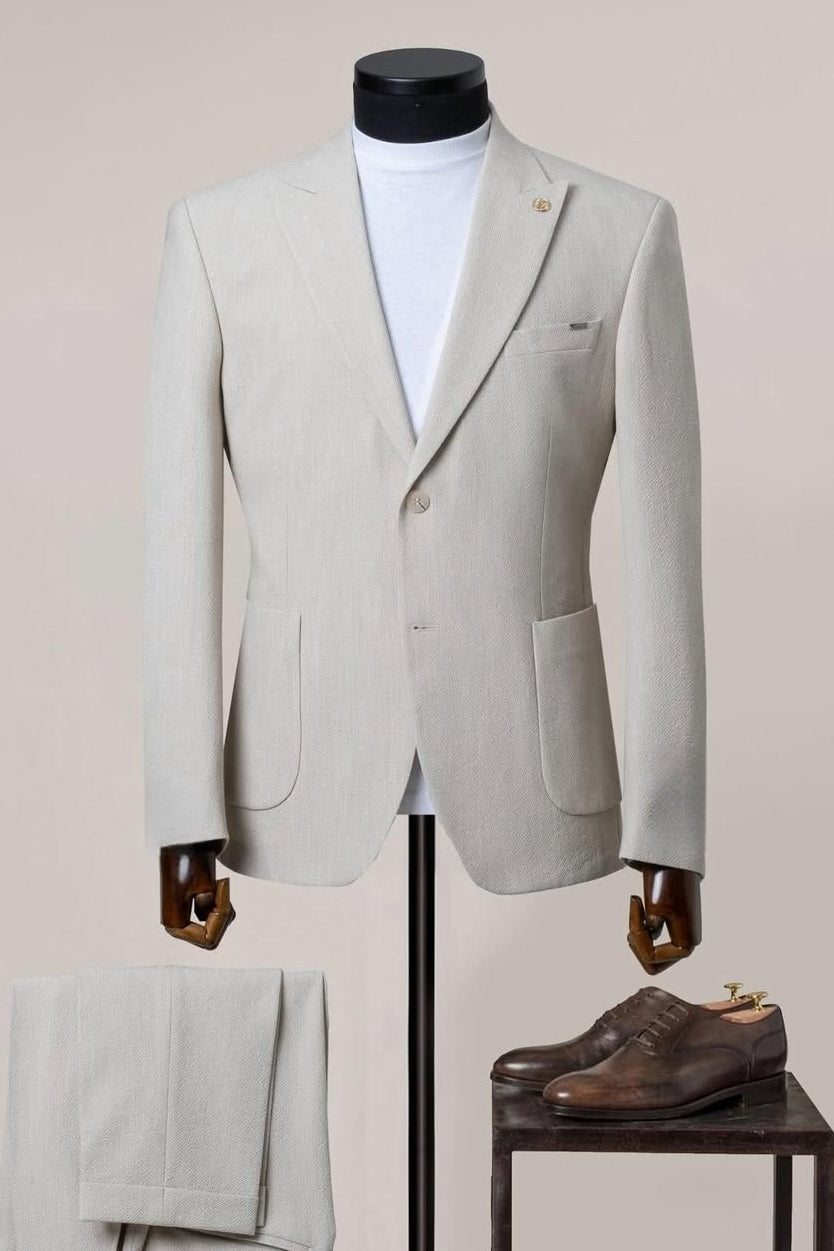Summer Off White Linen Peaked Lapel Simple Men Suit