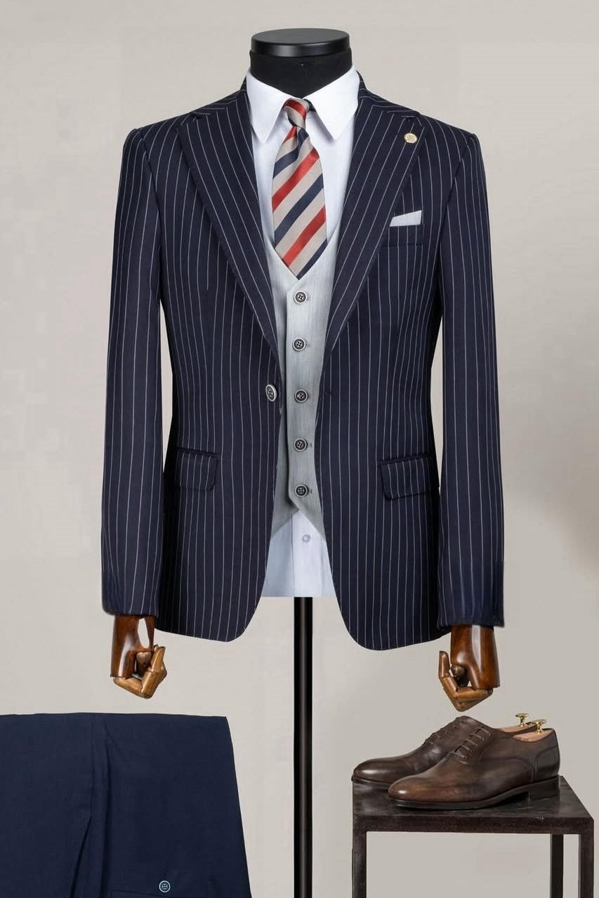 Dark Blue Striped Fashion Business Suits with Gray Waistcoat