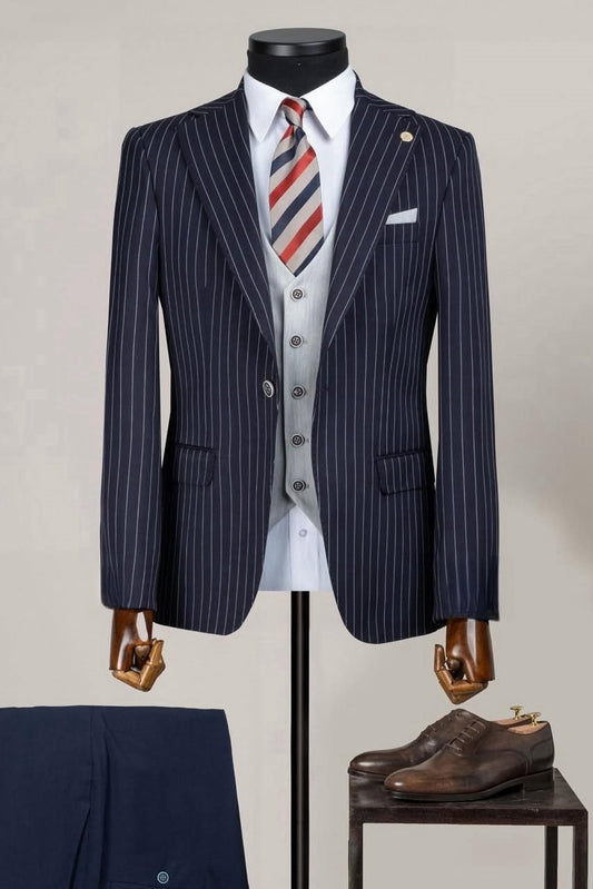 Dark Blue Striped Fashion Business Suits with Gray Waistcoat
