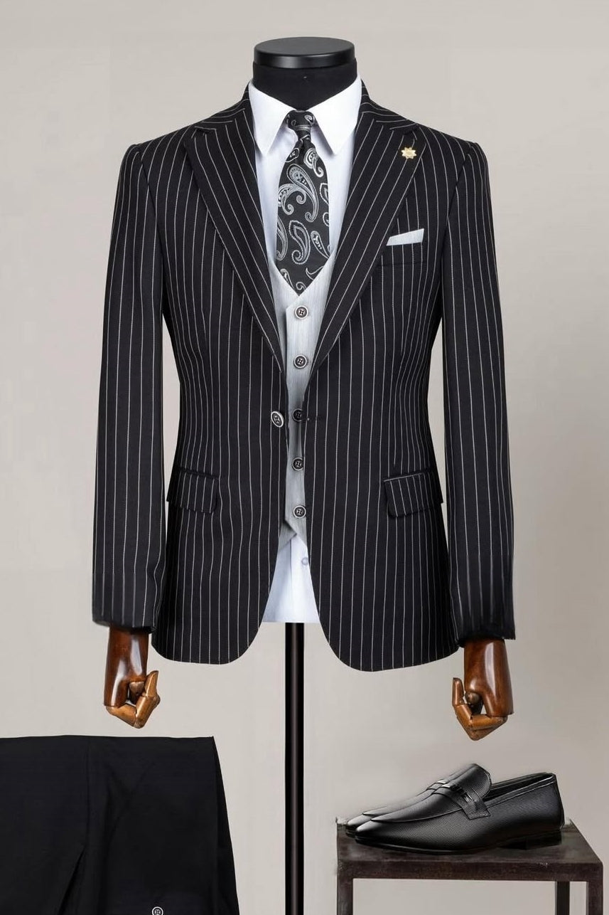 Classic Black Striped Business Suits with Gray Waistcoat