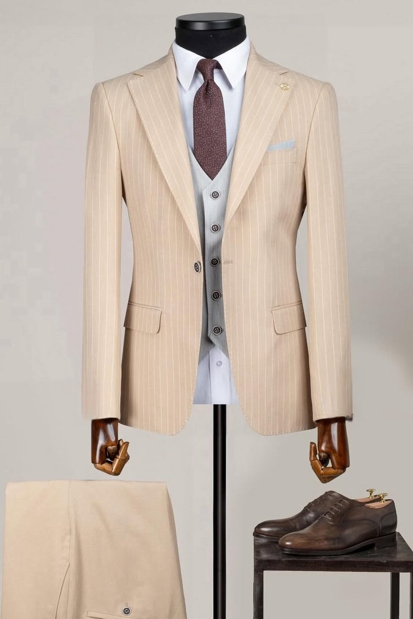 Newest Khaki Striped Business Suits with Grey Waistcoat