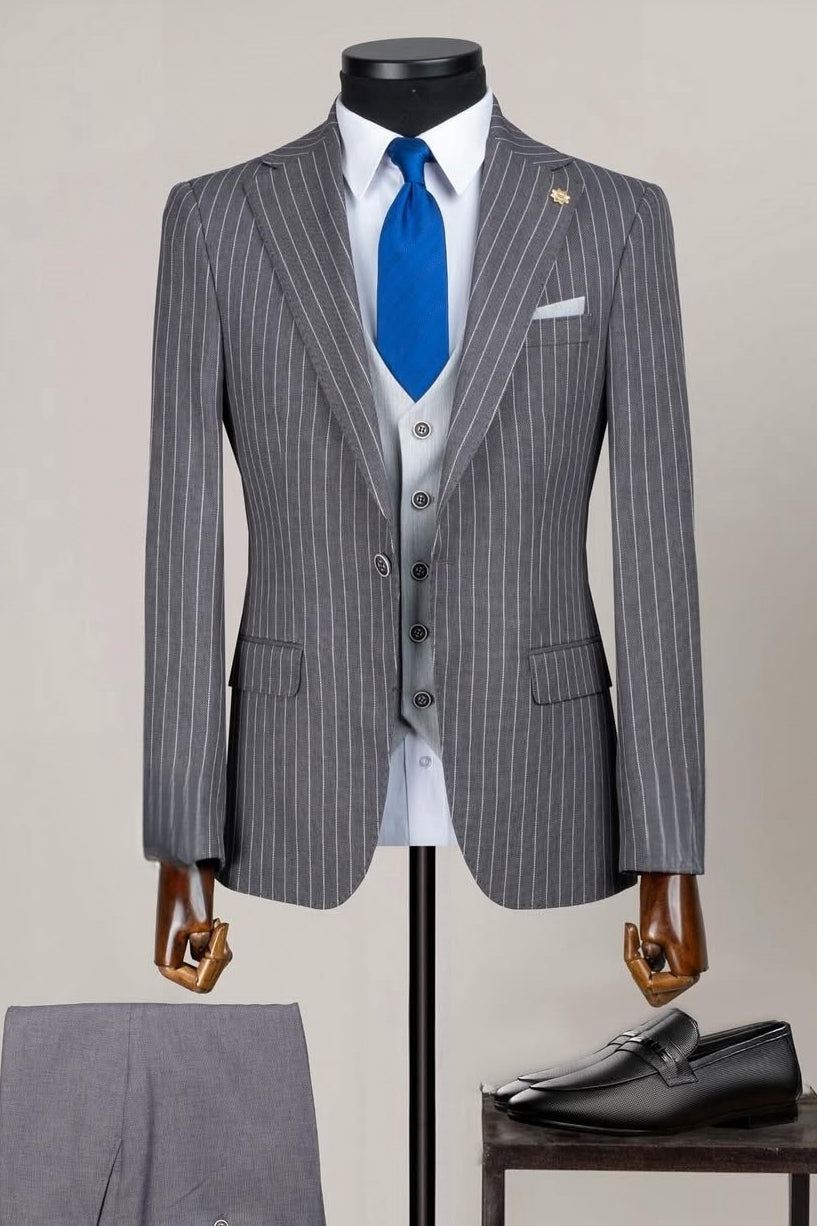 Gray Striped Business Suits with Waistcoat