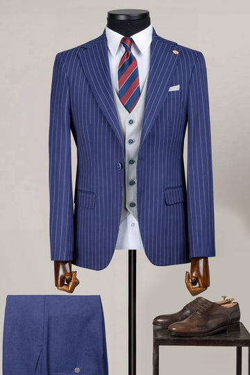 Navy Blue Striped Business Suits with Silver Waistcoat