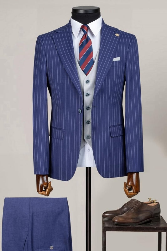 Navy Blue Striped Business Suits with Silver Waistcoat